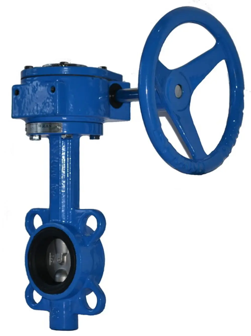 Blau lackierte Absperrklappe mit Handrad und Getriebe von IMI Hydronic Engineering, ausgestattet mit Flanschen zur Montage.